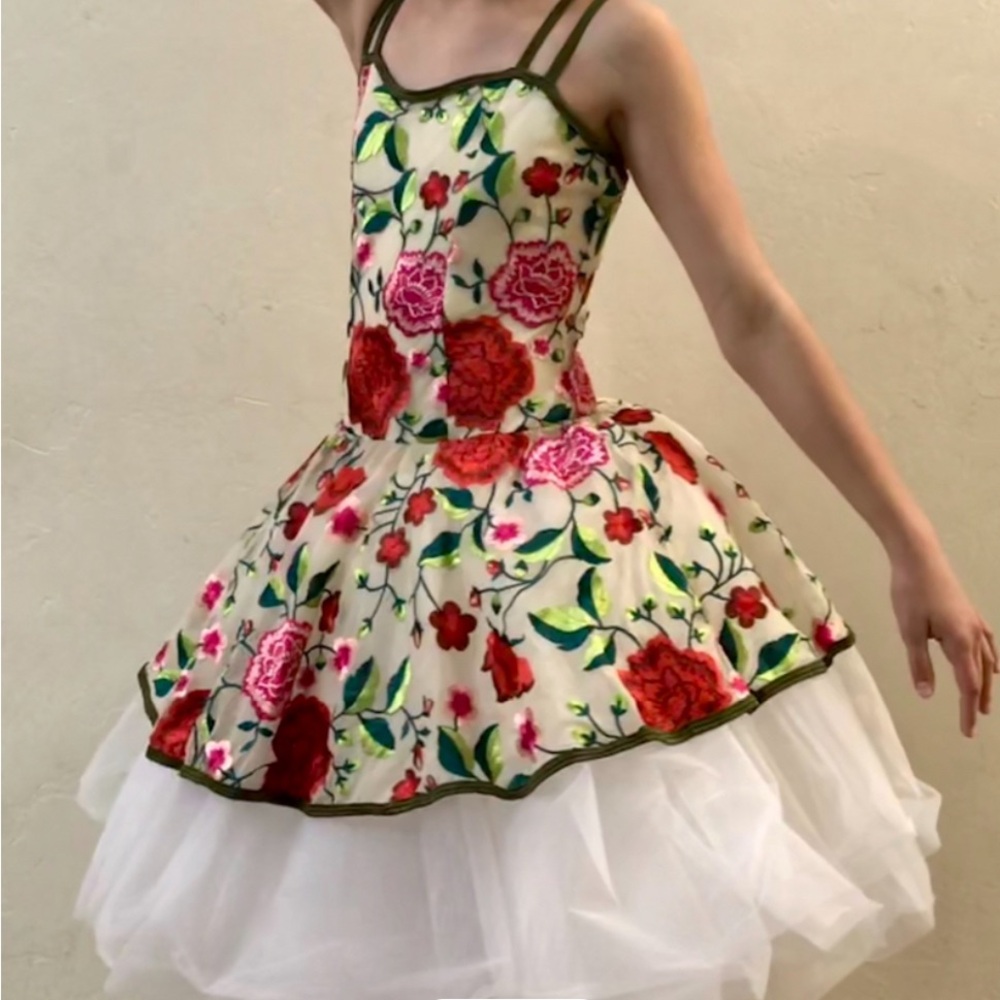 Floral Kids Ballet Costume with Red and Green Accents